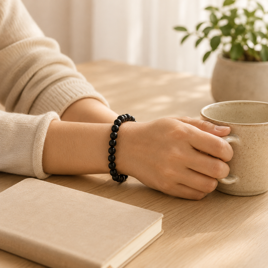 Black Tourmaline Bracelet worn on wrist showing bracelet style and fit