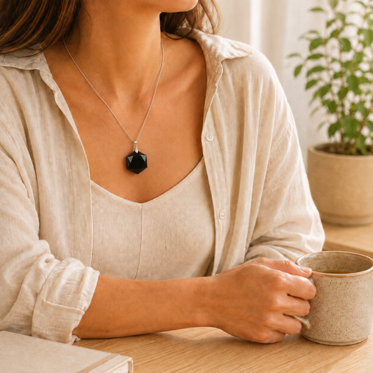 Black Tourmaline Hexagon Pendant lifestyle view showing style, scale and fit