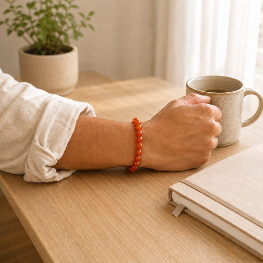 Carnelian Bracelet worn on wrist showing bracelet style and fit