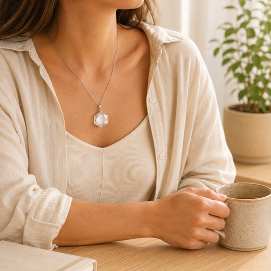 Clear Quartz Hexagon Pendant lifestyle view showing style, scale and fit