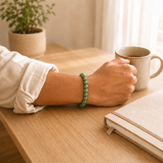 Green Jade Bracelet worn on wrist showing bracelet style and fit