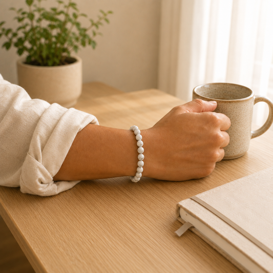 Howlite Bracelet worn on wrist showing bracelet style and fit