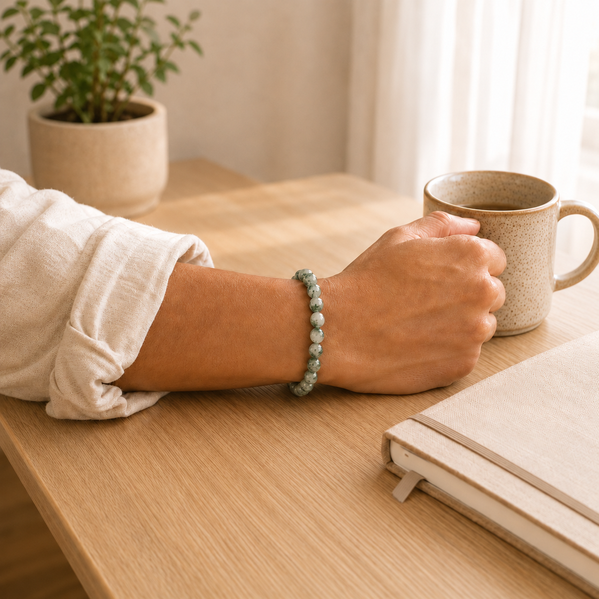 Moss Agate Bracelet worn on wrist showing bracelet style and fit