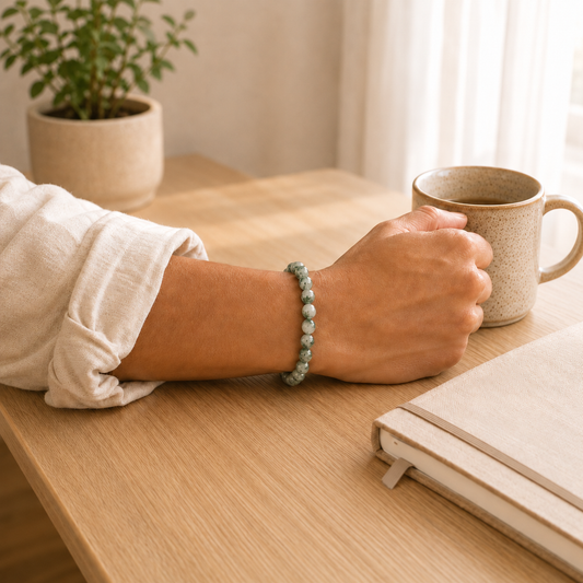 Moss Agate Bracelet worn on wrist showing bracelet style and fit