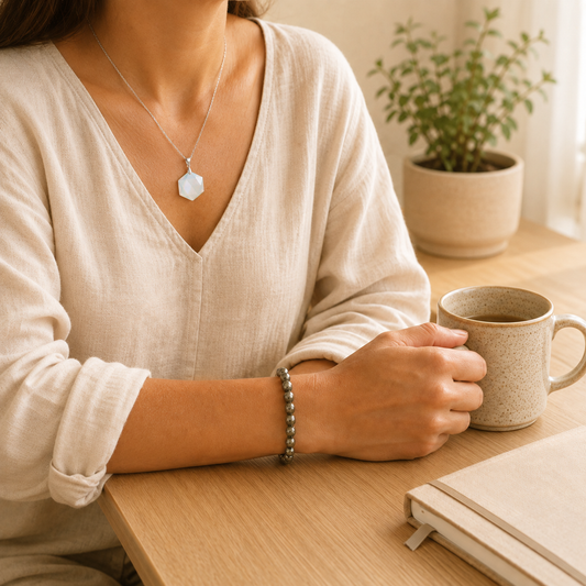 Opal Hexagon Pendant lifestyle view showing style, scale and fit