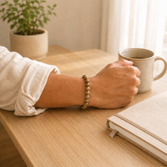 Picture Jasper Bracelet worn on wrist showing bracelet style and fit