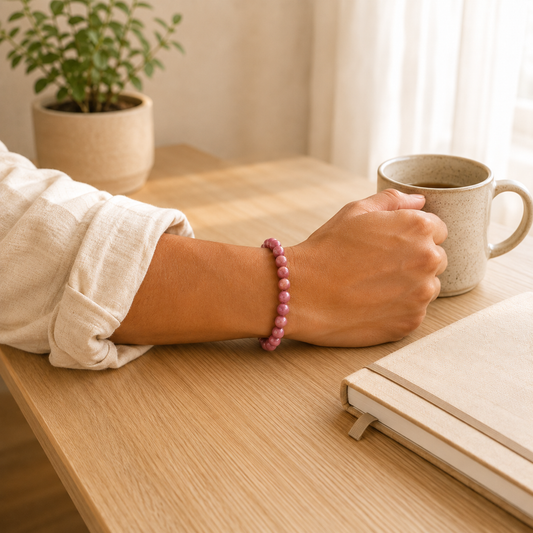 Pink Tiger Eye Bracelet worn on wrist showing bracelet style and fit