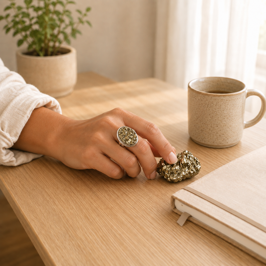pyrite-stone-and-ring-set lifestyle view showing style, scale and fit