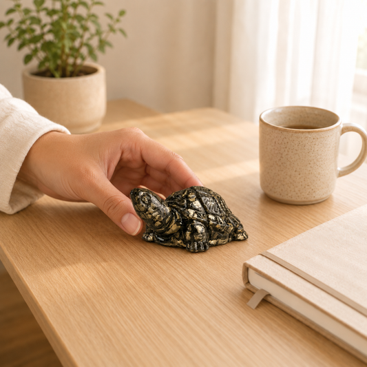 pyrite-tortoise-figurine lifestyle view showing style, scale and fit