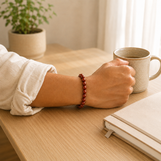 Red Jasper Bracelet worn on wrist showing bracelet style and fit