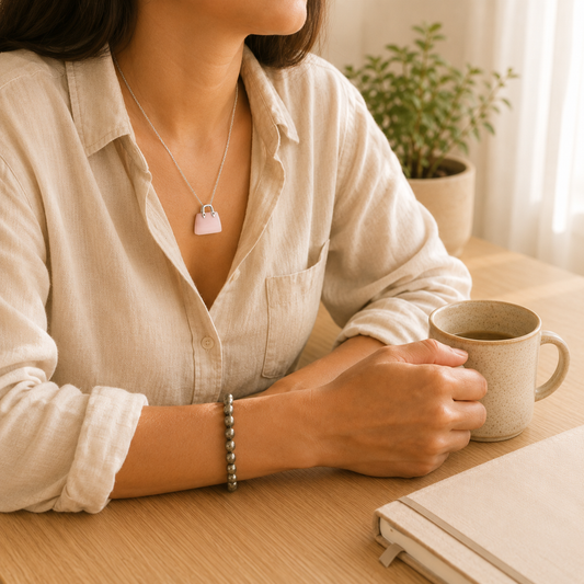Rose Quartz Handbag Pendant lifestyle view showing style, scale and fit