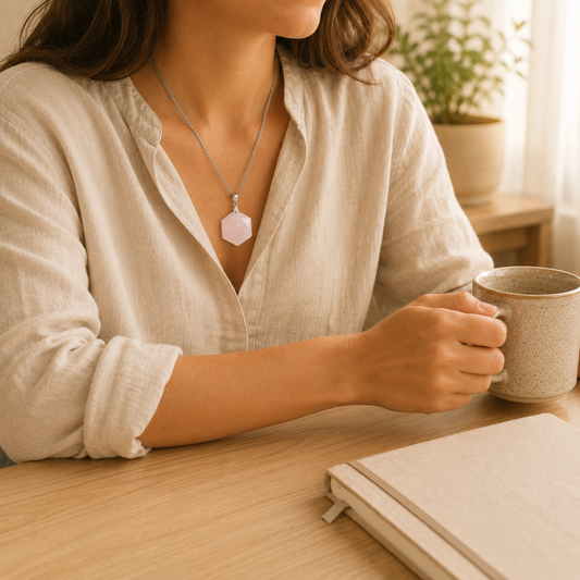 Rose Quartz Hexagon Pendant lifestyle view showing style, scale and fit
