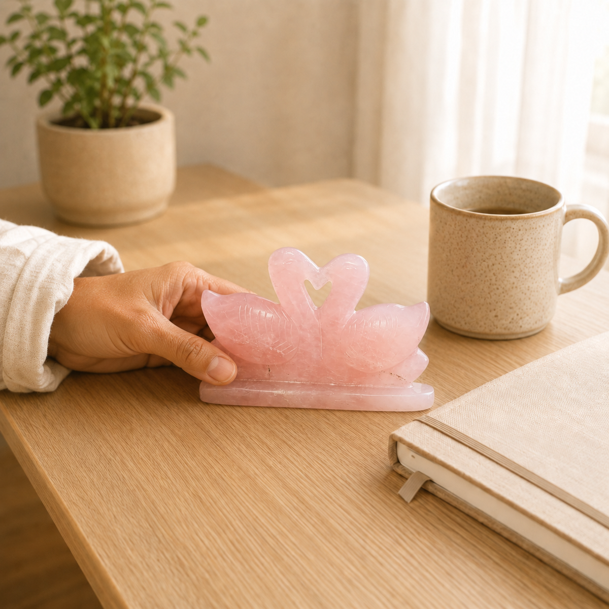Rose Quartz Swan Pair lifestyle view showing style, scale and fit
