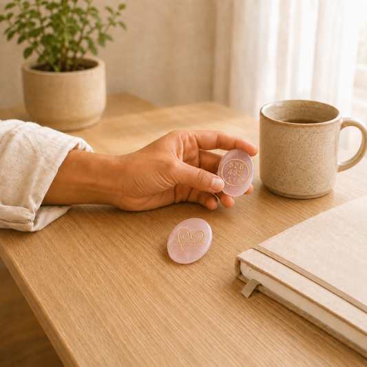 Rose Quartz Zibu Coin lifestyle view showing style, scale and fit