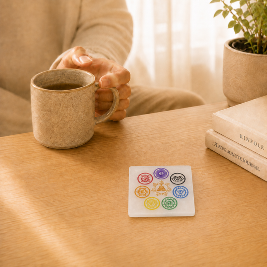 Selenite 7 Chakra Square Plate lifestyle view showing style, scale and fit