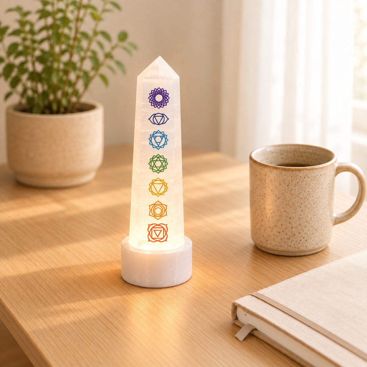 selenite-7-chakra-tower-lamp lifestyle view showing style, scale and fit