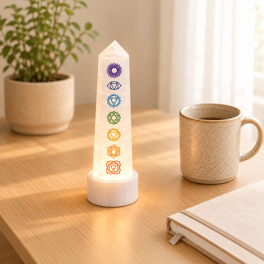 selenite-7-chakra-tower-lamp lifestyle view showing style, scale and fit