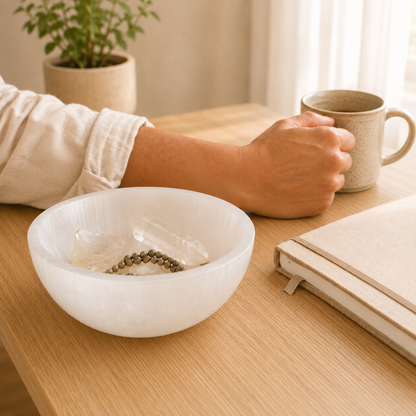 Selenite Bowl lifestyle view showing style, scale and fit