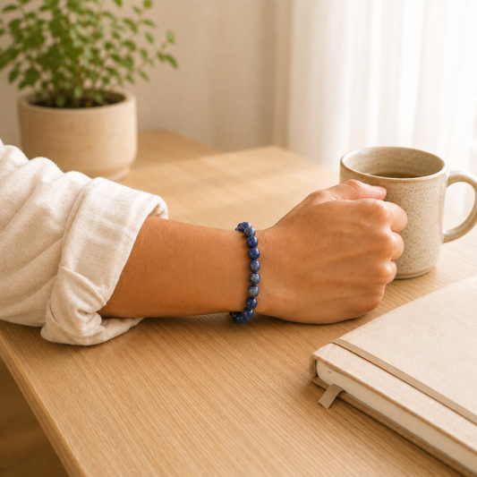 Sodalite Bracelet worn on wrist showing bracelet style and fit