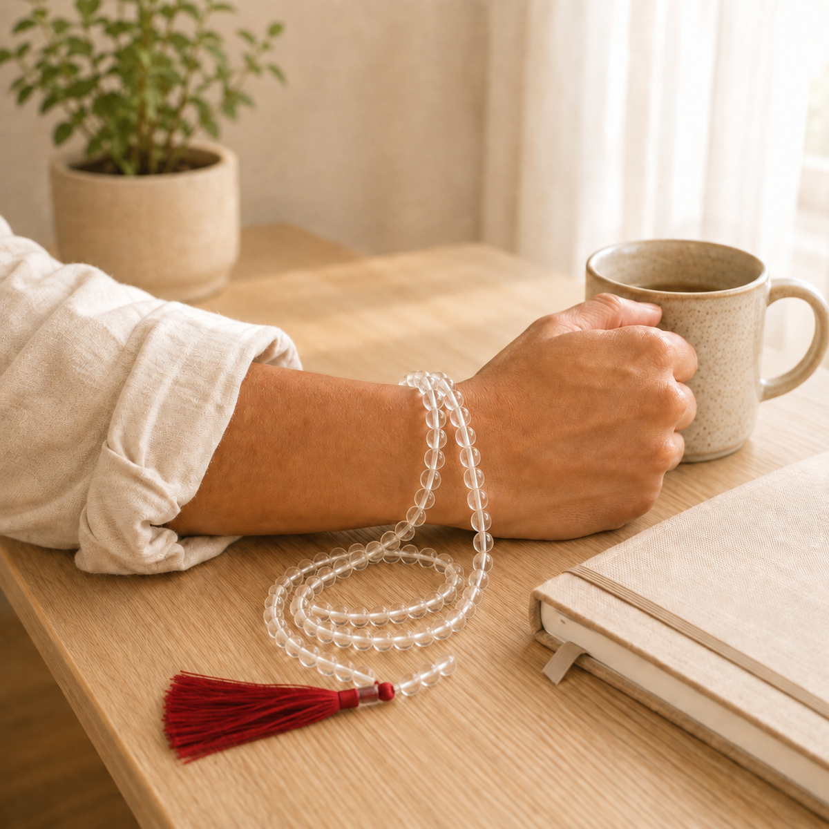 Clear Quartz 108-bead mala - lifestyle view