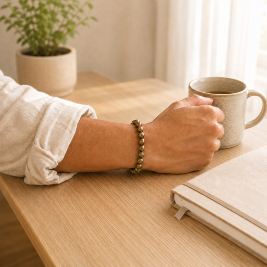 Unakite Bracelet worn on wrist showing bracelet style and fit