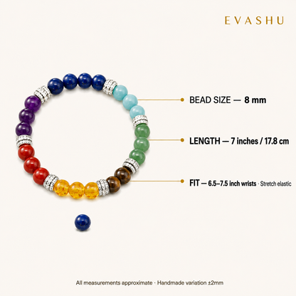 7 Chakra bracelet size and fit details for approximately 6 to 8 inch wrists