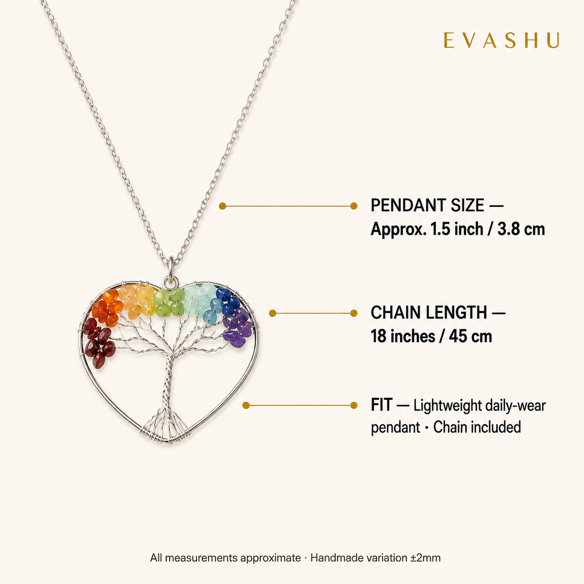 7 Chakra Heart Tree of Life pendant product specification guide