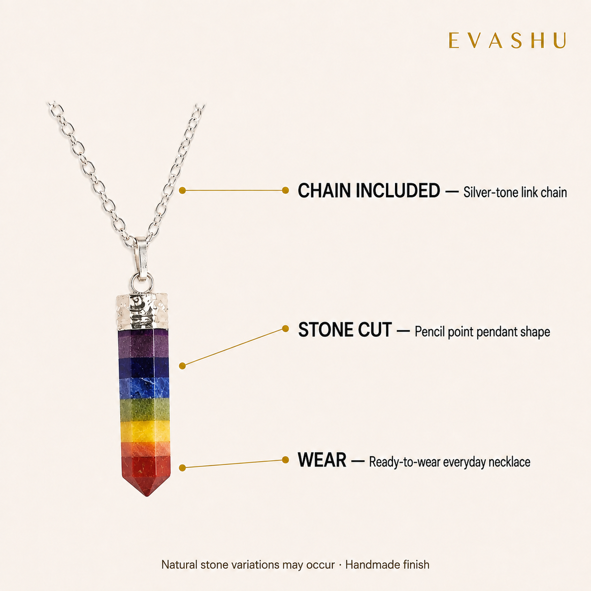 7 Chakra Pencil Pendant size, dimensions and product specification guide