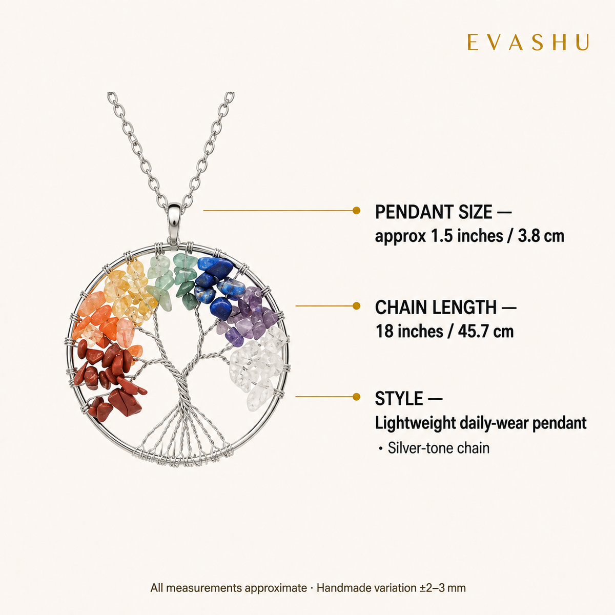 7 Chakra Wire Tree of Life pendant product specification guide