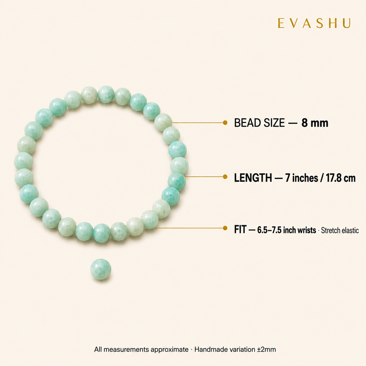 Amazonite Bracelet 8 mm bead size, bracelet length and stretch fit guide