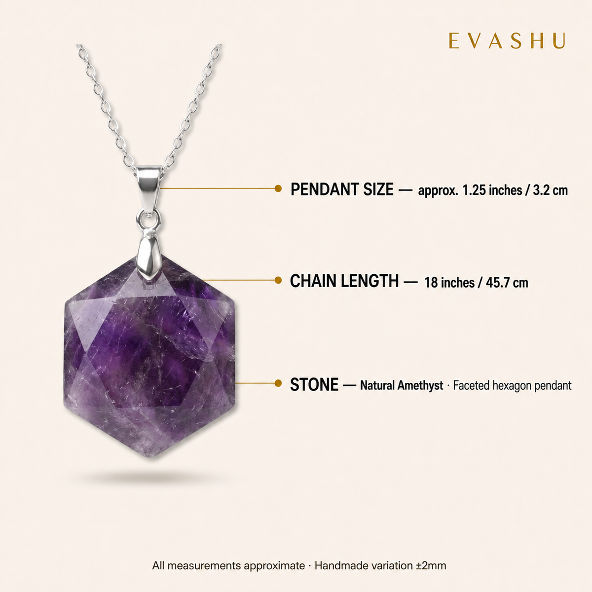 Amethyst Hexagon Pendant size, dimensions and product specification guide