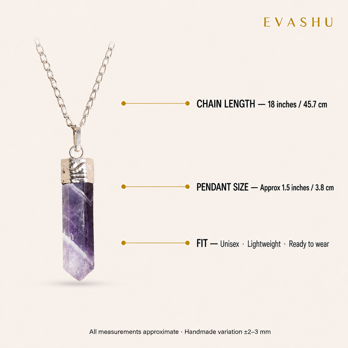Amethyst Pencil Pendant size, dimensions and product specification guide