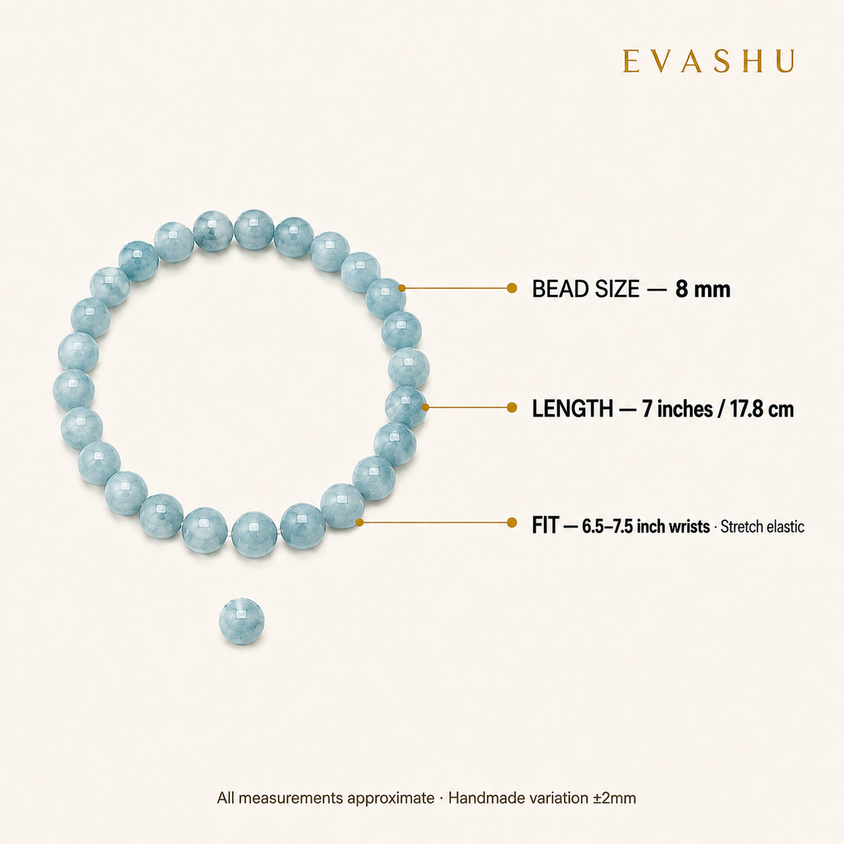 Aquamarine Bracelet 8 mm bead size, bracelet length and stretch fit guide