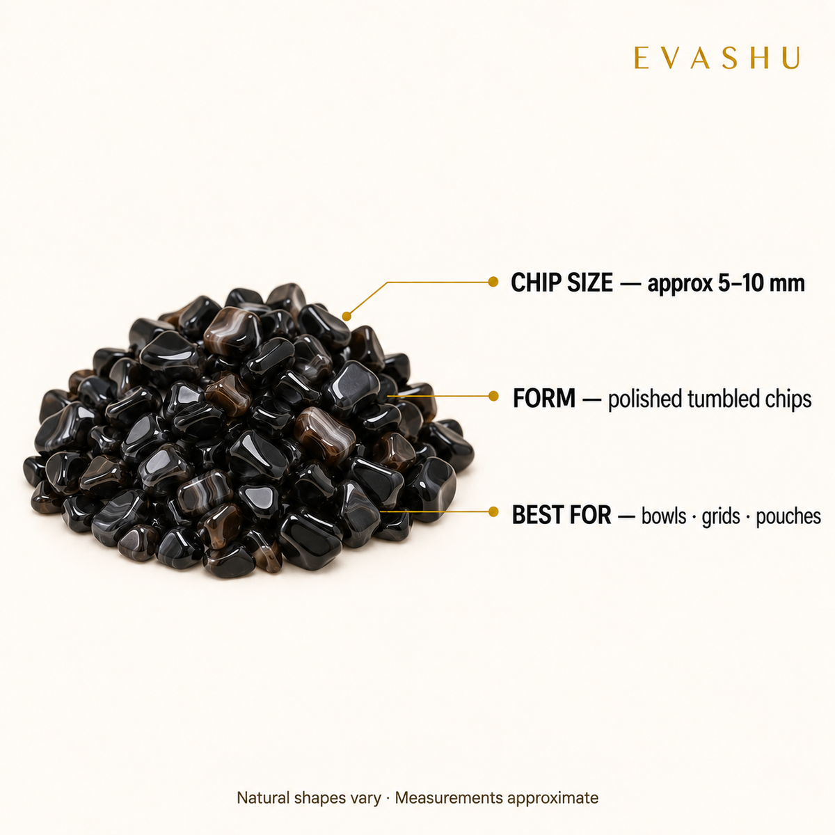 black-agate-crystal-chips size, dimensions and product specification guide
