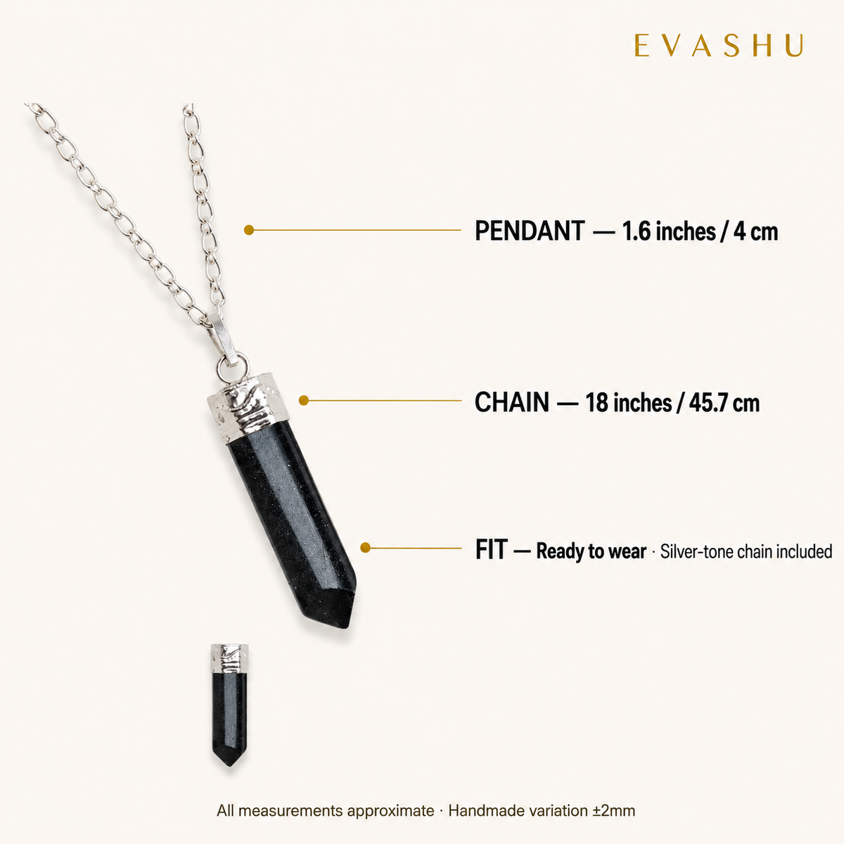 Black Onyx Pencil Pendant size, dimensions and product specification guide