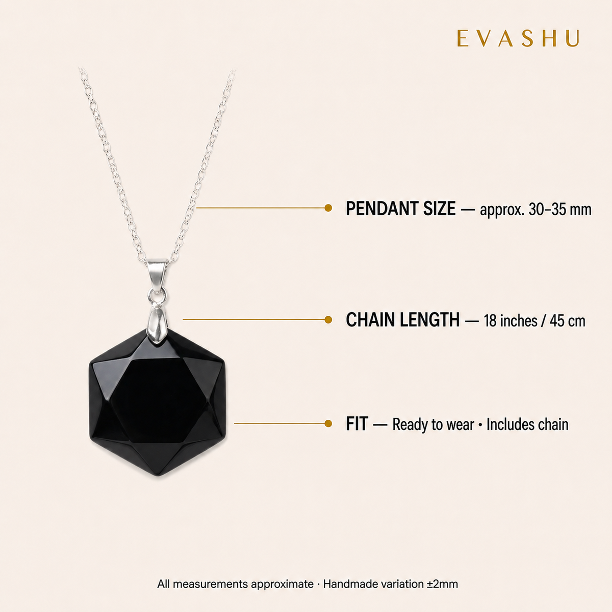 Black Tourmaline Hexagon Pendant size, dimensions and product specification guide