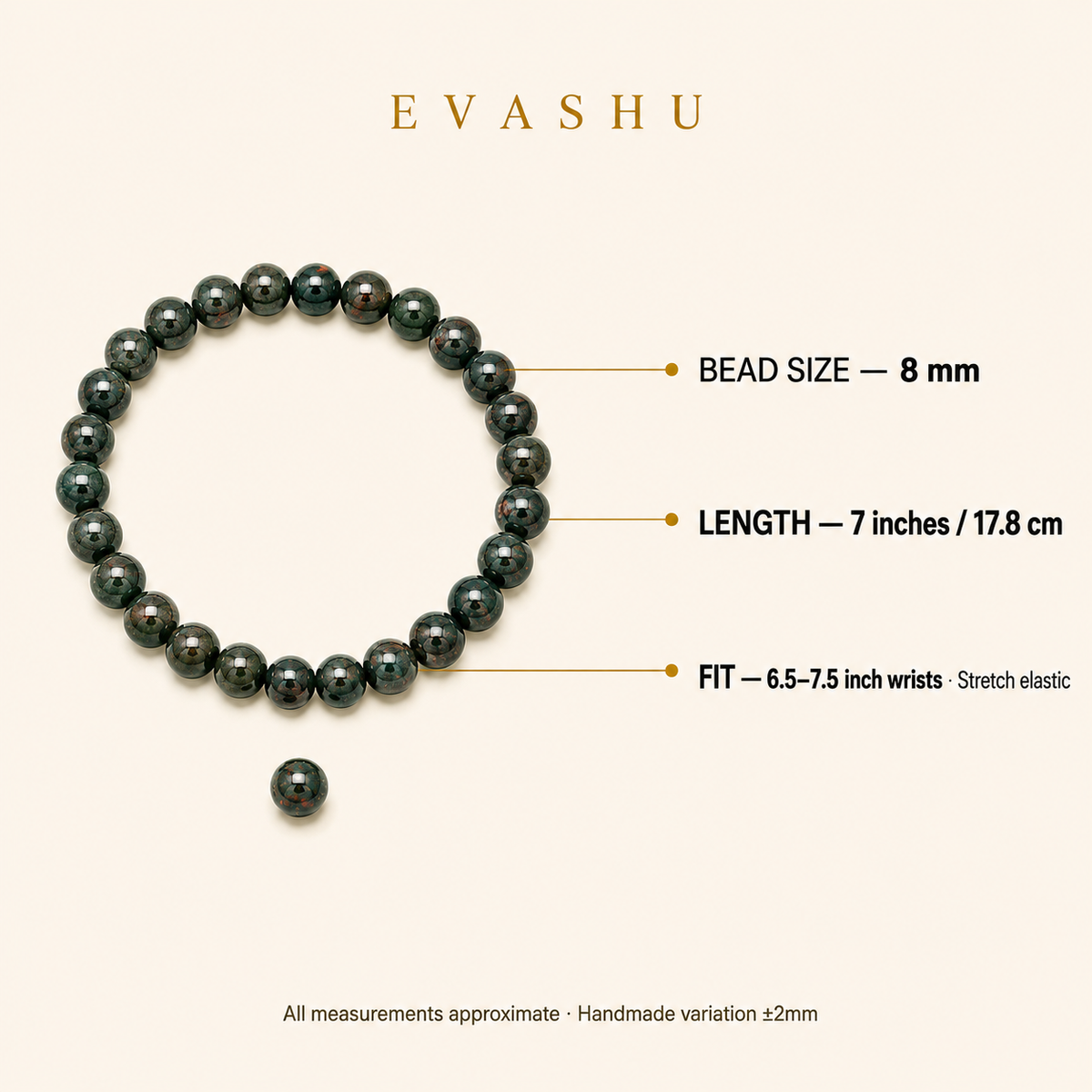 Bloodstone Bracelet 8 mm bead size, bracelet length and stretch fit guide