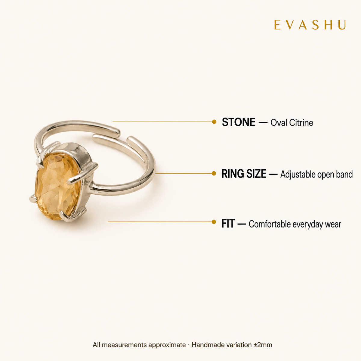Citrine Ring size, dimensions and product specification guide