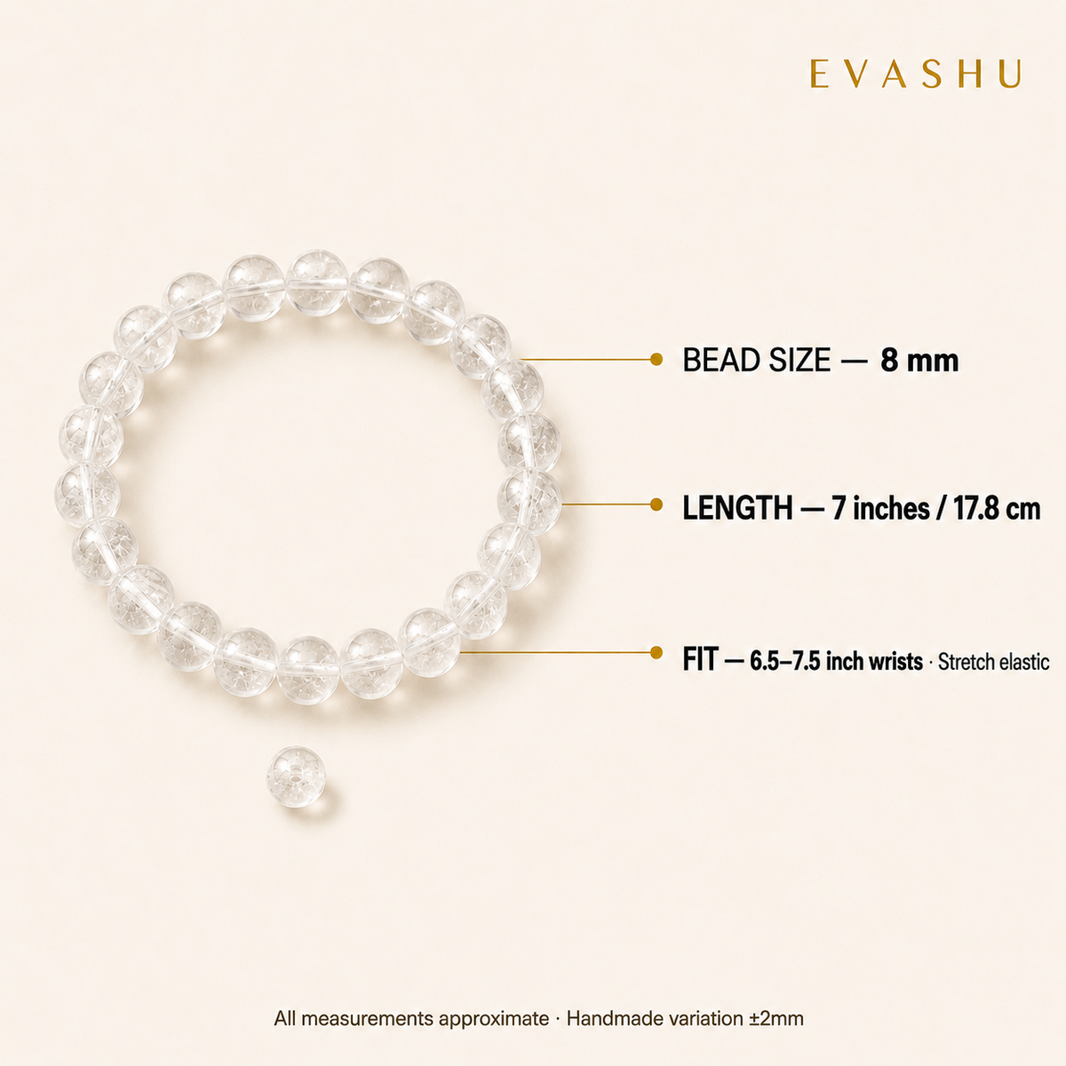 Clear Quartz Bracelet 8 mm bead size, bracelet length and stretch fit guide