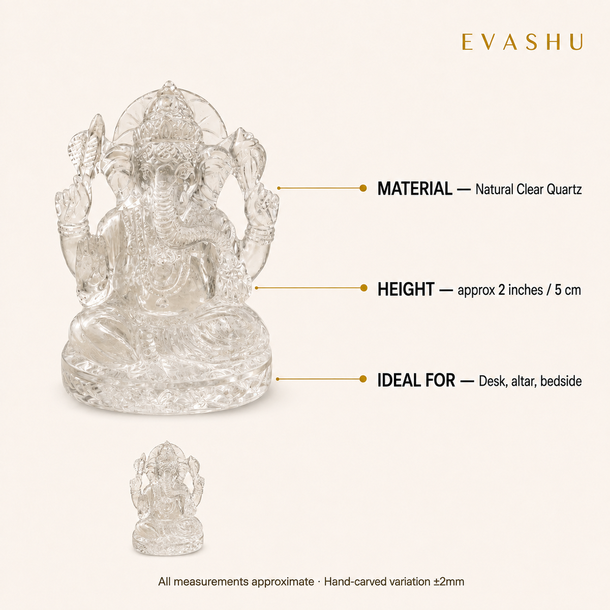 Clear Quartz Ganesha size, dimensions and product specification guide