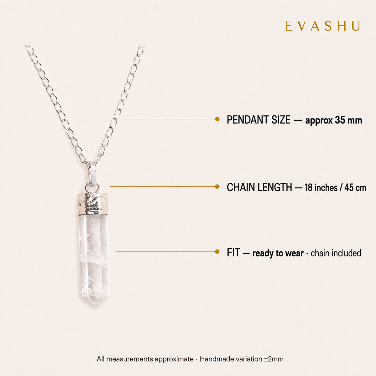 Clear Quartz Pencil Pendant size, dimensions and product specification guide
