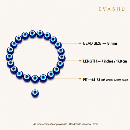 Evil Eye Bracelet 8 mm bead size, bracelet length and stretch fit guide