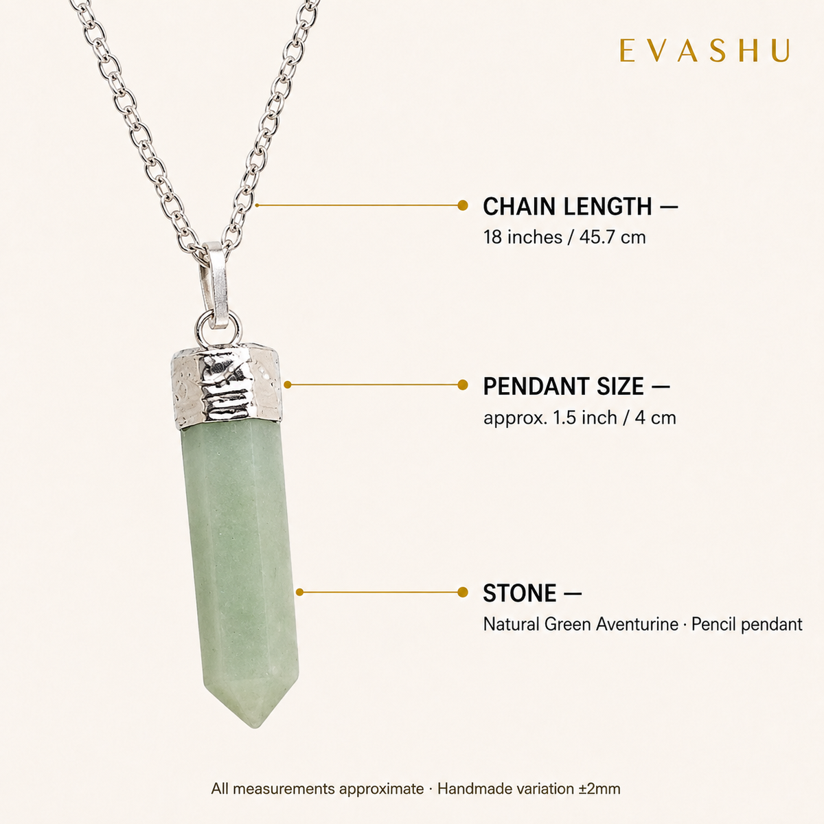 Green Aventurine Pencil Pendant size, dimensions and product specification guide