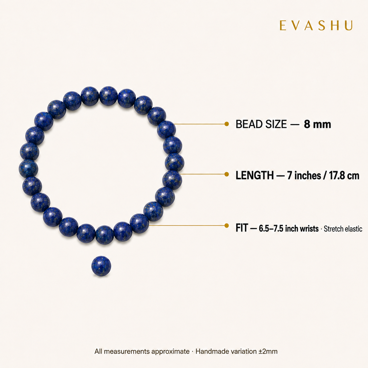Lapis Lazuli Bracelet 8 mm bead size, bracelet length and stretch fit guide