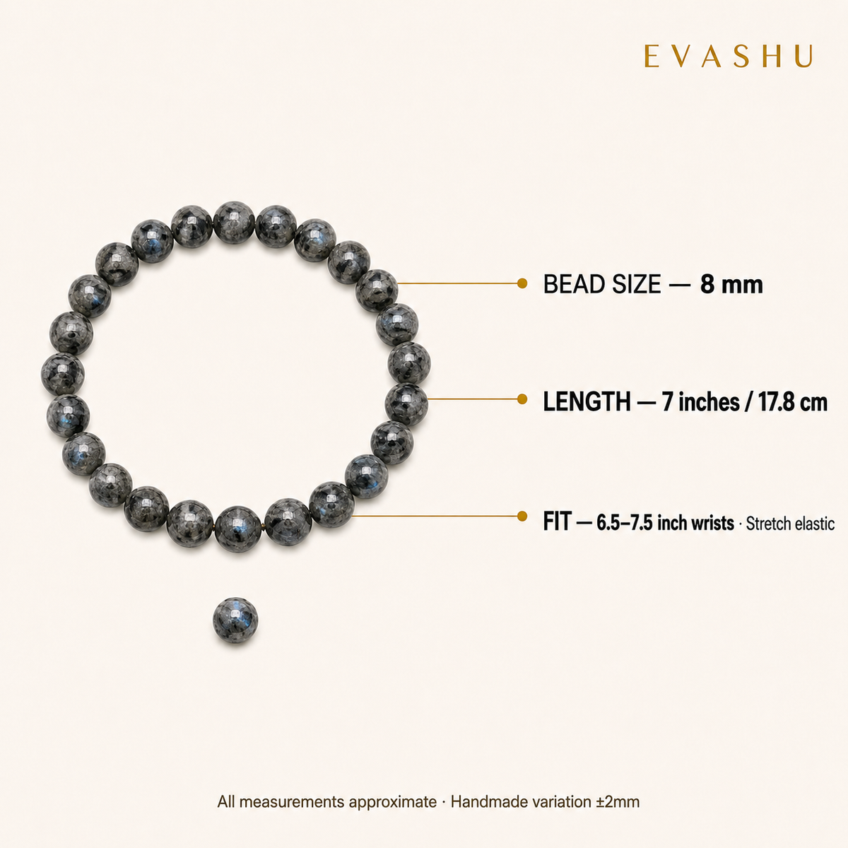 Larvikite Bracelet 8 mm bead size, bracelet length and stretch fit guide
