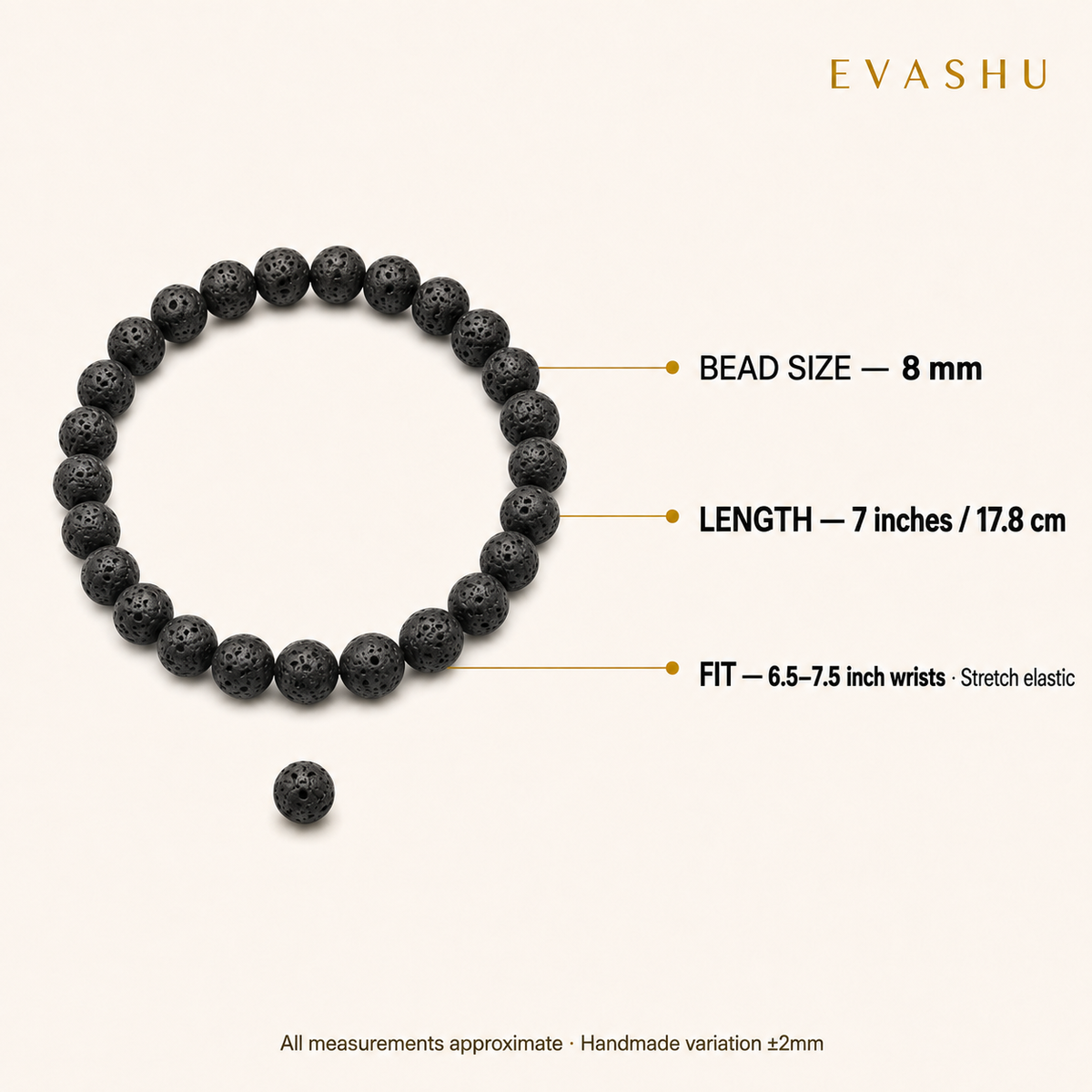 Lava Stone Bracelet 8 mm bead size, bracelet length and stretch fit guide