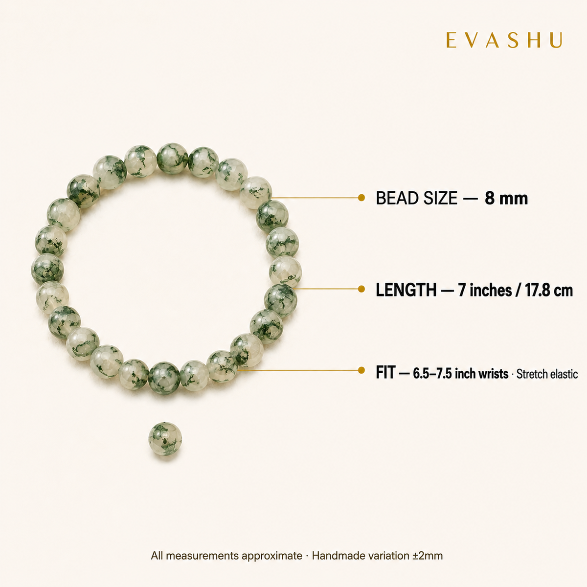 Moss Agate Bracelet 8 mm bead size, bracelet length and stretch fit guide