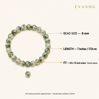 Moss Agate Bracelet 8 mm bead size, bracelet length and stretch fit guide