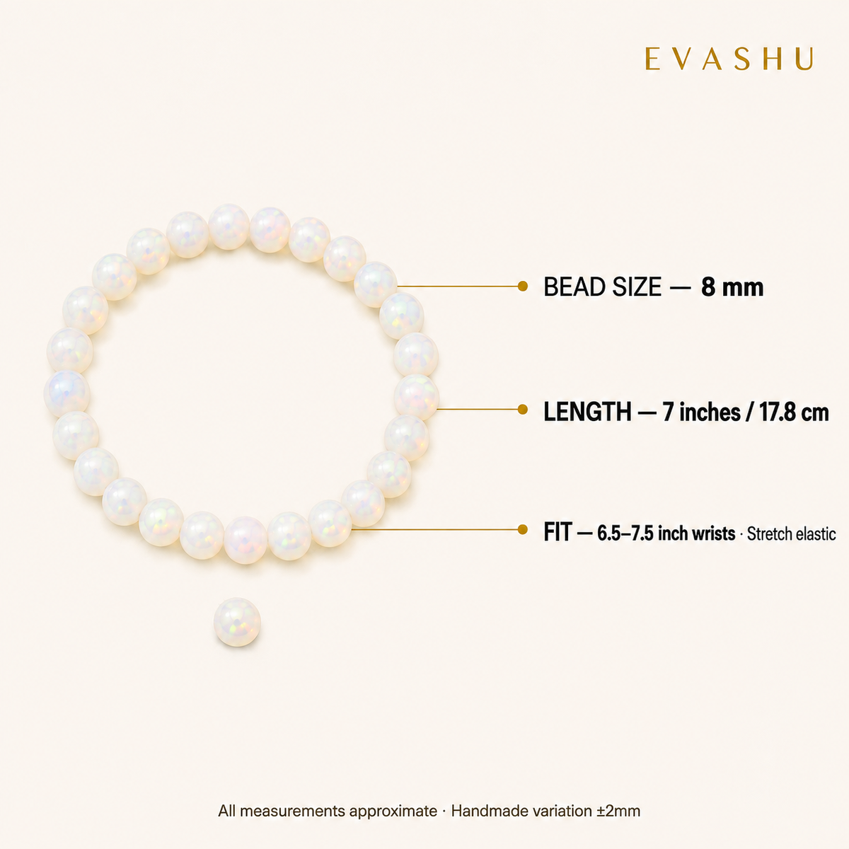Opal Bracelet 8 mm bead size, bracelet length and stretch fit guide