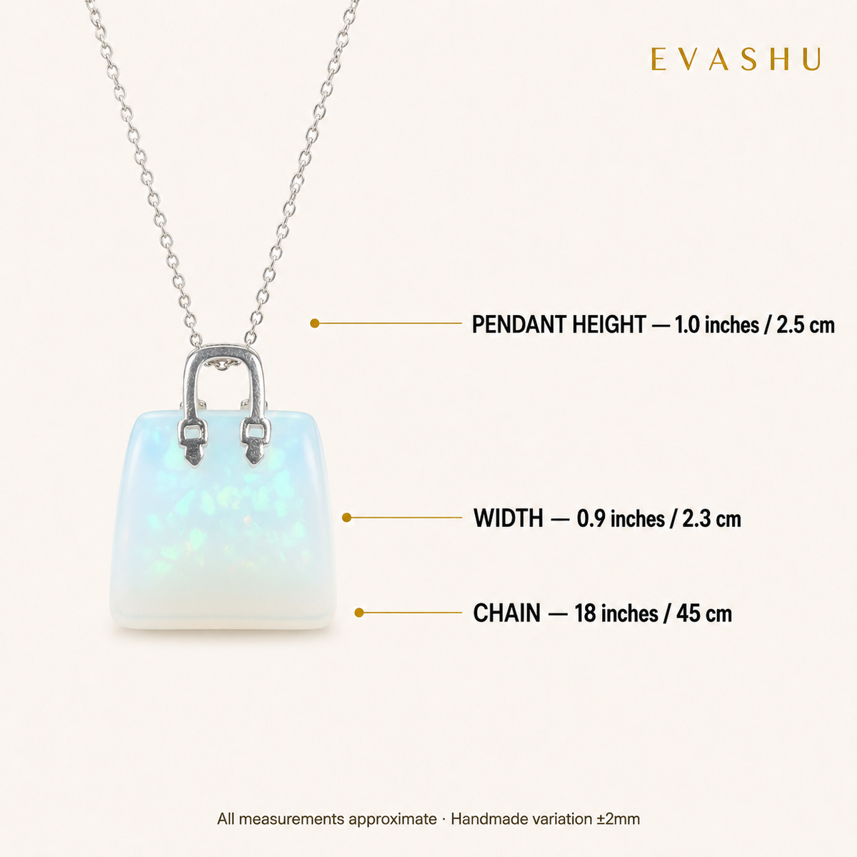 Opal Handbag Pendant size, dimensions and product specification guide